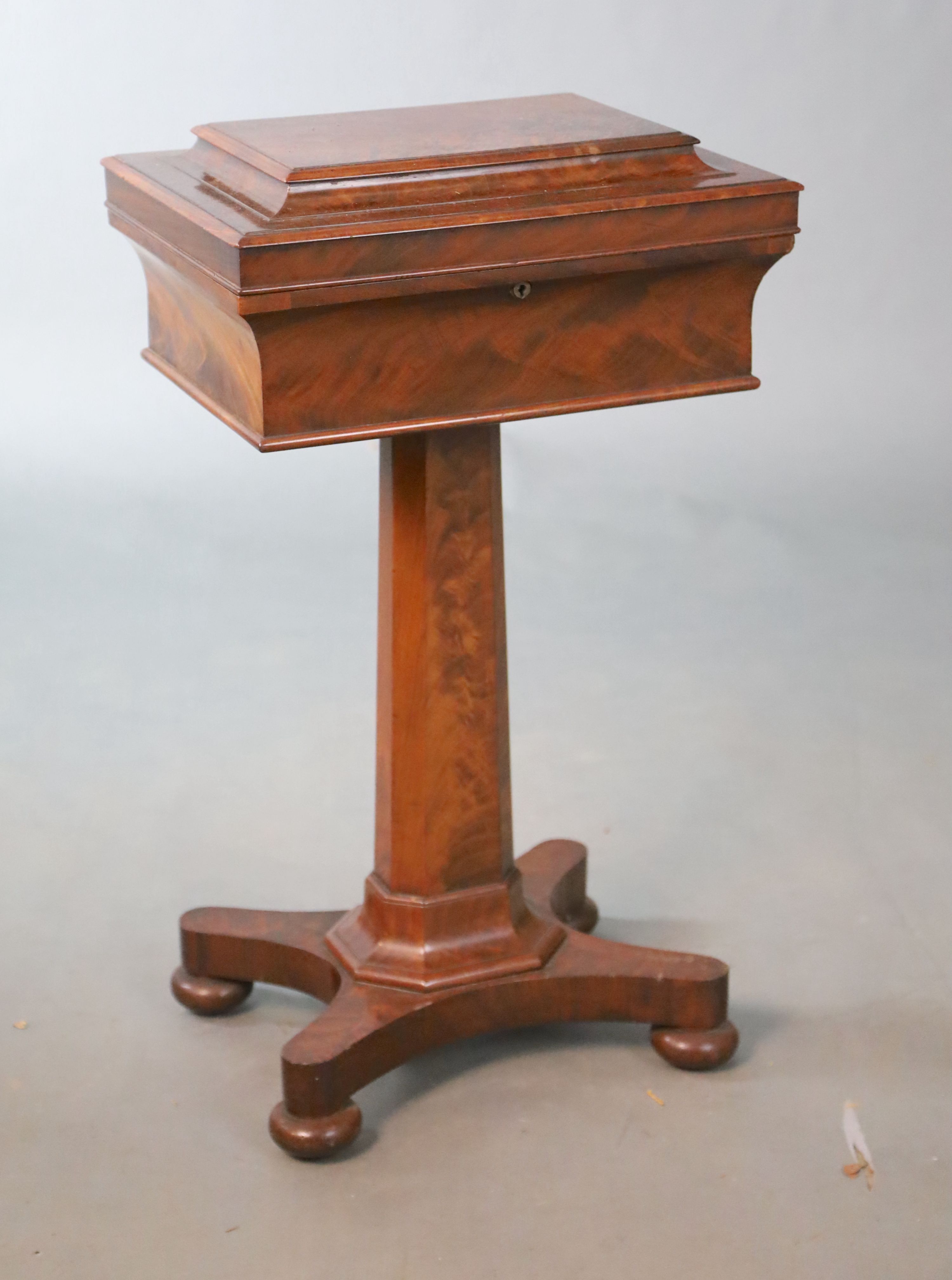 An early Victorian mahogany teapoy, W.43cm D.33cm H.76cm